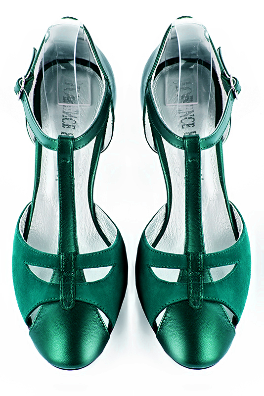 Emerald green women's T-strap open side shoes. Round toe. Medium slim heel. Top view - Florence KOOIJMAN
